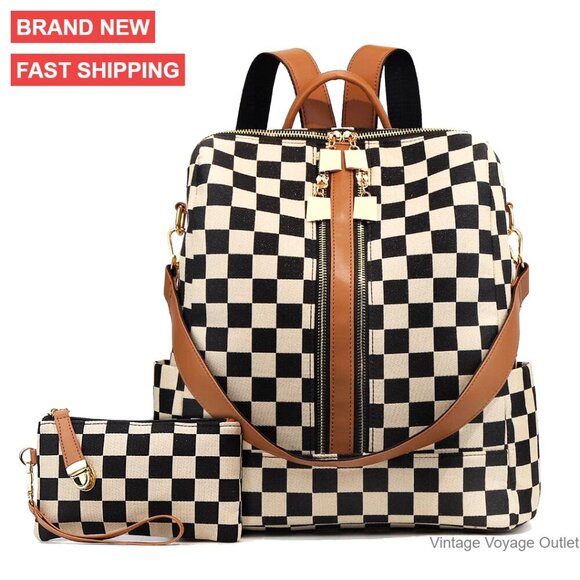 Checkered Canvas Backpack Purse for Women, Daypack for Travel Work